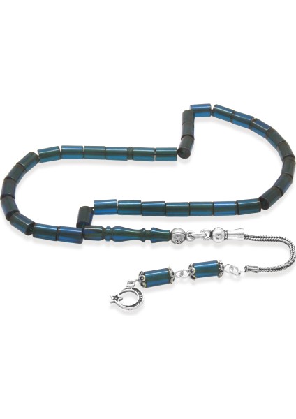 Ateş Kehribar Tesbih - 925 Ayar Gümüş Püsküllü - Mini Boy - Turkuaz - Kesme Kesim