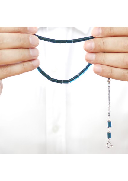 Ateş Kehribar Tesbih - 925 Ayar Gümüş Püsküllü - Mini Boy - Turkuaz - Kesme Kesim fırsatları