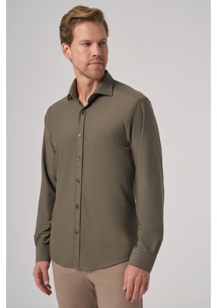 Erkek Haki Trend Düz Slim Fit Tam Italyan Yaka Gömlek