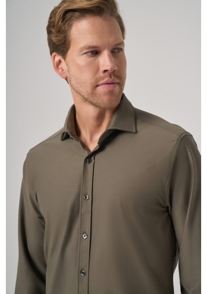 Erkek Haki Trend Düz Slim Fit Tam Italyan Yaka Gömlek fiyatları