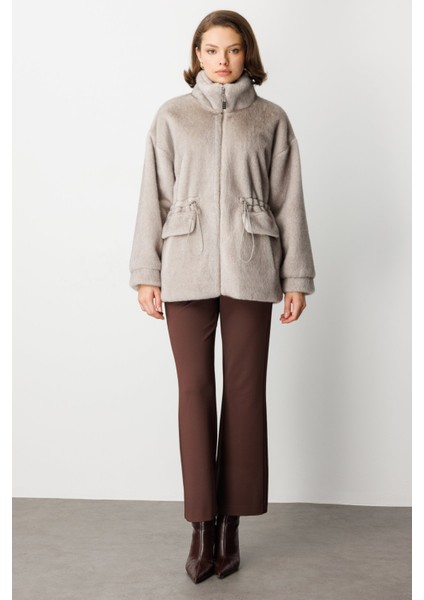 Kadın Dik Yaka Peluş Mont 6103 Gümüş fırsatları