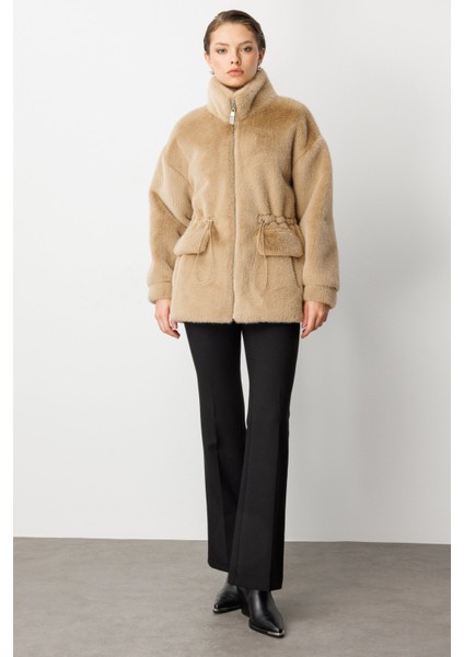 Kadın Dik Yaka Peluş Mont 6103 Vizon modelleri