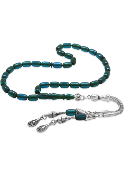 Ateş Kehribar Tesbih - Kararmaz Metal Damla Püsküllü - Turkuaz - Mini Boy - Kapsül Kesim