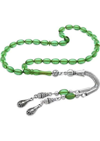 Ateş Kehribar Tesbih - Kararmaz Metal Damla Püsküllü - Açık Yeşil Renk - Mini Boy - Arpa Kesim