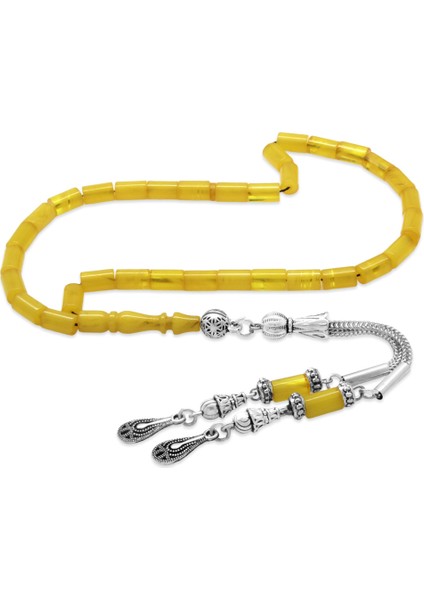 Ateş Kehribar Tesbih - Kararmaz Metal Damla Püsküllü - Sarı Renk - Mini Boy - Kesme Kesim