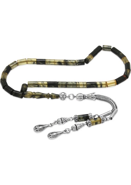 Ateş Kehribar Tesbih - Kararmaz Metal Damla Püsküllü - Siyah Beyaz - Mini Boy - Kesme Kesim