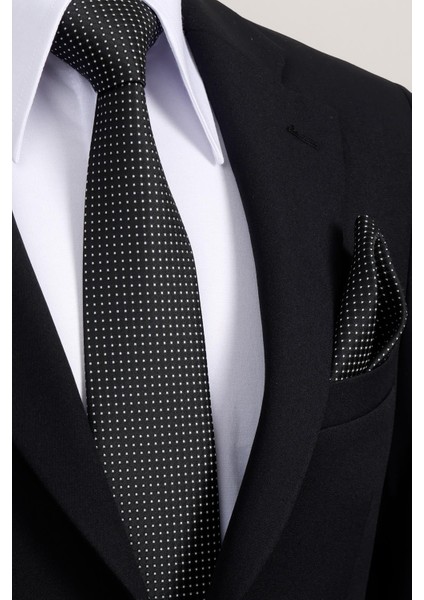 8 cm Klasik Geniş Hand Made Siyah - Beyaz Nokta Desen Mendilli Kravat