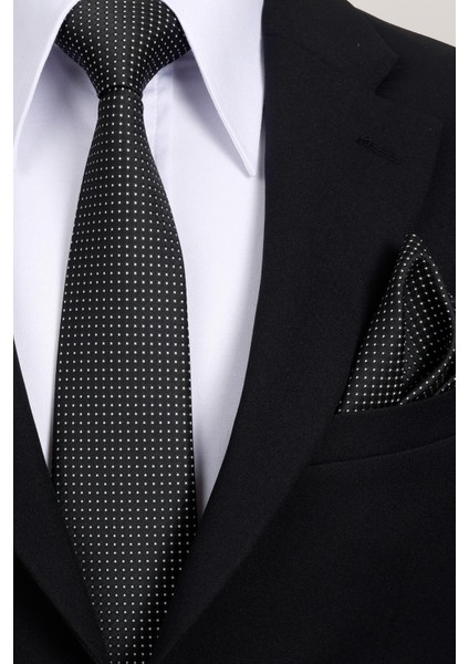 8 cm Klasik Geniş Hand Made Siyah - Beyaz Nokta Desen Mendilli Kravat fiyatları