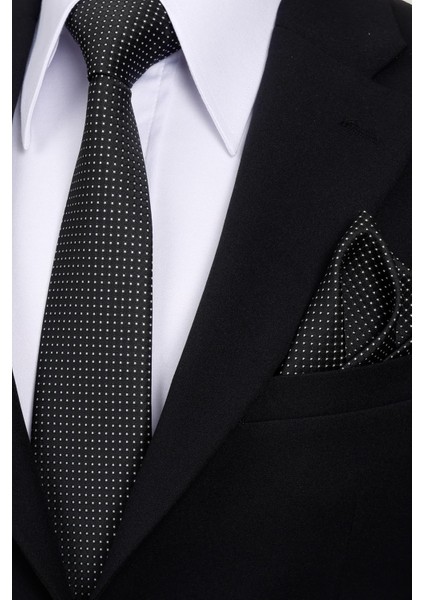8 cm Klasik Geniş Hand Made Siyah - Beyaz Nokta Desen Mendilli Kravat modelleri