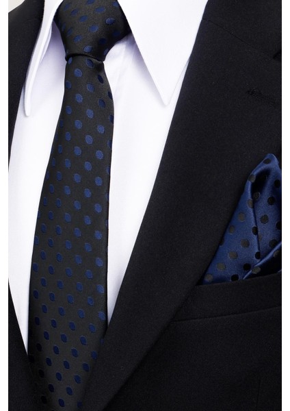 8 cm Klasik Geniş Hand Made Siyah - Lacivert Puantiye Desen Mendilli Kravat