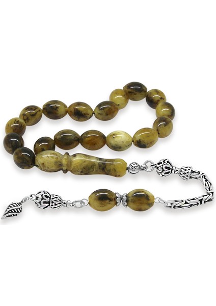 925 Ayar Gümüş Kral Zincir Püsküllü Arpa Kesim Dalmaçya Damla Kehribar Dört Parmak Efe Tesbih fiyatları