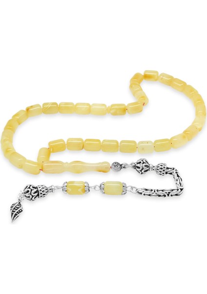 925 Ayar Gümüş Kral Zincir Püsküllü Tombul Kapsül Kesim Sarı Beyaz Doğal Damla Kehribar Tesbih