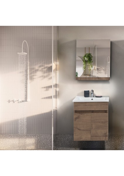 Mona 55 cm Kahverengi %100 Mdf Lavabolu Banyo Dolabı, Aynalı Üst Dolap