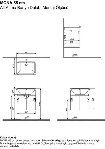 Mona 55 cm Kahverengi %100 Mdf Lavabolu Banyo Dolabı, Aynalı Üst Dolap modelleri
