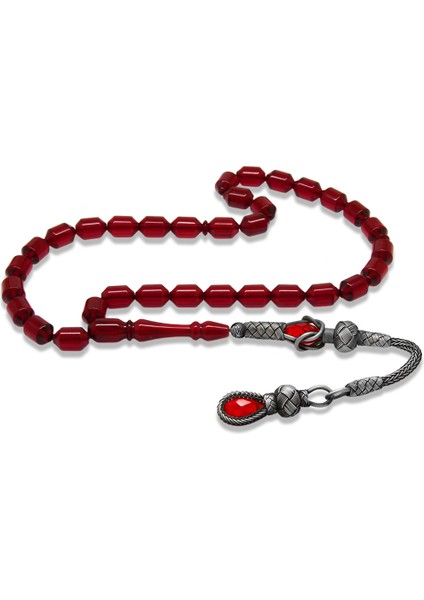 1000 Ayar Gümüş Kazaz Püsküllü Uçlu Kapsül Kesim Koyu Kırmızı Ateş Kehribar Tesbih