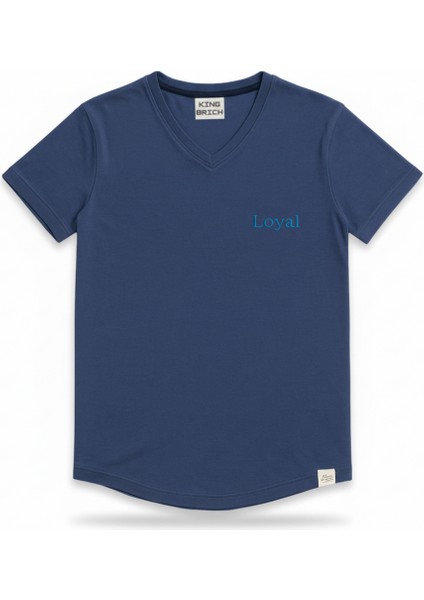 Kişiye Özel Nakışlı Yakası Biyeli Kısa Kollu V Yaka Premium Indigo Mavisi Tişört 2xl