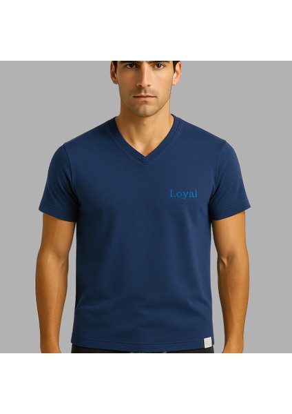 Kişiye Özel Nakışlı Yakası Biyeli Kısa Kollu V Yaka Premium Indigo Mavisi Tişört 2xl fiyatları