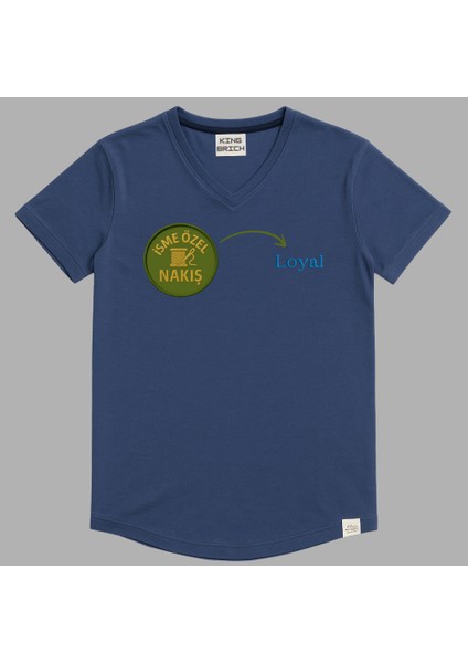 Kişiye Özel Nakışlı Yakası Biyeli Kısa Kollu V Yaka Premium Indigo Mavisi Tişört 2xl fırsatları