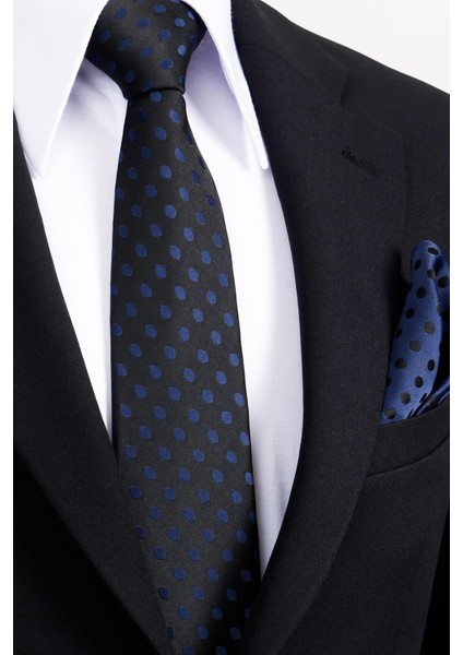 8 cm Klasik Geniş Hand Made Siyah - Lacivert Puantiye Desen Mendilli Kravat fiyatları