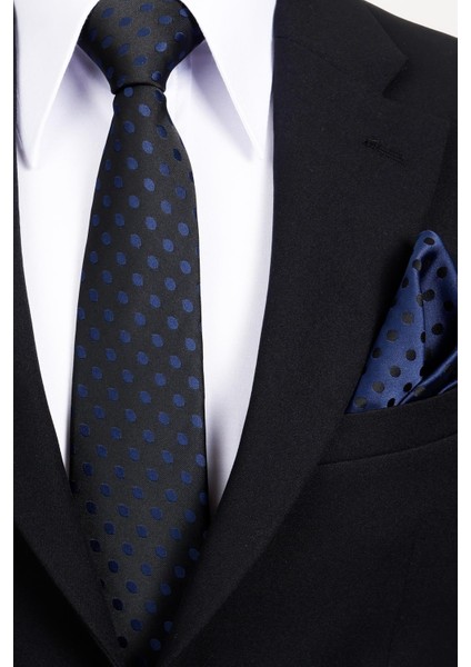 8 cm Klasik Geniş Hand Made Siyah - Lacivert Puantiye Desen Mendilli Kravat modelleri