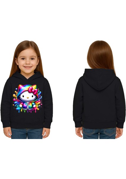 Unisex Hello Kity Baskılı Çocuk Swaetshirt Baskılı Kapüşonlu 3 Iplik Şardonlu