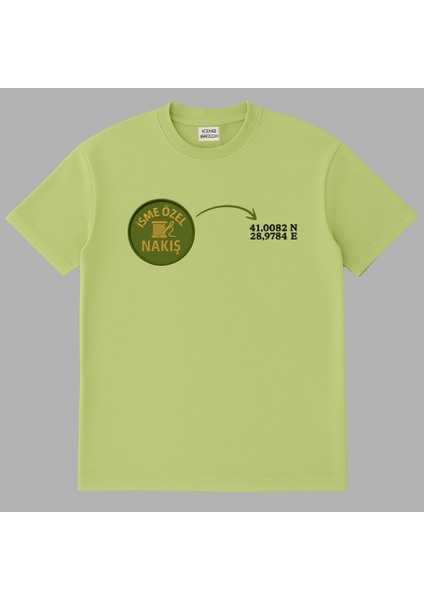 Kişiye Özel Nakışlı Yakası Biyeli Kısa Kollu Bisiklet Yaka Premium Mint Yeşili Oversize Tişört S fırsatları
