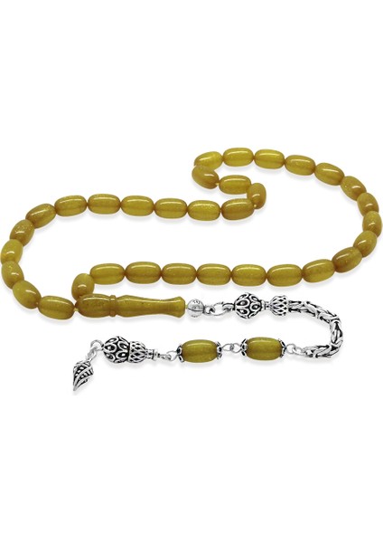 925 Ayar Gümüş Kral Zincir Püsküllü Özel Kesim Sedefli Sarı Ateş Kehribar Tesbih