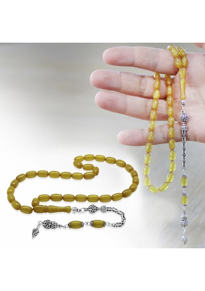 925 Ayar Gümüş Kral Zincir Püsküllü Özel Kesim Sedefli Sarı Ateş Kehribar Tesbih fiyatları