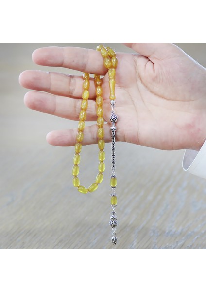 925 Ayar Gümüş Kral Zincir Püsküllü Özel Kesim Sedefli Sarı Ateş Kehribar Tesbih modelleri