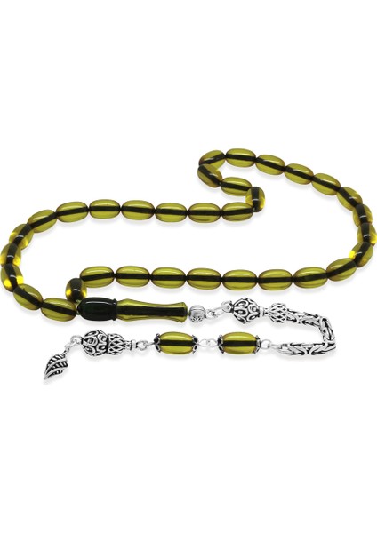 925 Ayar Gümüş Kral Zincir Püsküllü Özel Kesim Ihlamur Sarı Ateş Kehribar Tesbih