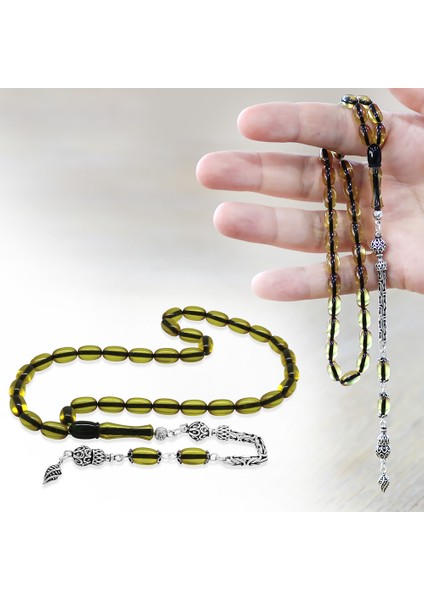 925 Ayar Gümüş Kral Zincir Püsküllü Özel Kesim Ihlamur Sarı Ateş Kehribar Tesbih fiyatları