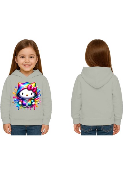 Unisex Hello Kity Baskılı Çocuk Swaetshirt Baskılı Kapüşonlu 3 Iplik Şardonlu
