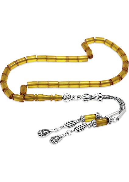 Ateş Kehribar Tesbih - Kararmaz Metal Damla Püsküllü - Soft Sarı Renk - Mini Boy - Kesme Kesim