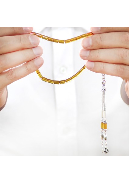 Ateş Kehribar Tesbih - Kararmaz Metal Damla Püsküllü - Soft Sarı Renk - Mini Boy - Kesme Kesim fırsatları