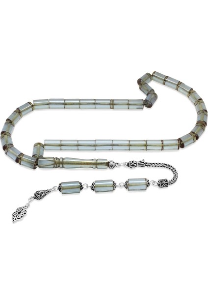 925 Ayar Gümüş Püsküllü Kesme Kesim Su Mavisi Ateş Kehribar Tesbih