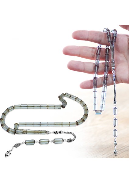 925 Ayar Gümüş Püsküllü Kesme Kesim Su Mavisi Ateş Kehribar Tesbih fiyatları