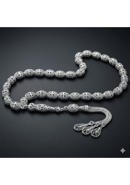 Su Damlası Püsküllü Imamesi Işlemeli Kapsül Kesim Büyük Boy 925 Ayar Gümüş Tesbih fiyatları