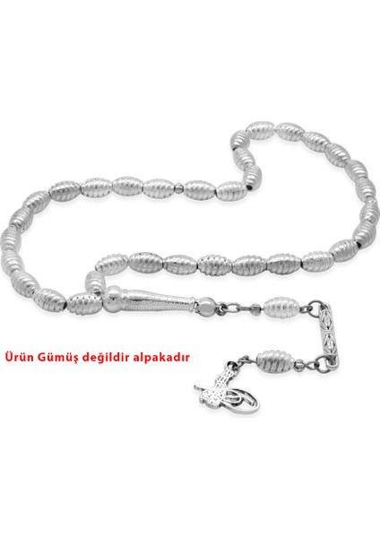 Helezon Tasarım Kalem Işçilikli Tuğra Püsküllü Arpa Kesim Gümüş Renk Alpaka Tesbih