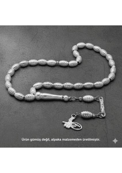 Helezon Tasarım Kalem Işçilikli Tuğra Püsküllü Arpa Kesim Gümüş Renk Alpaka Tesbih fiyatları