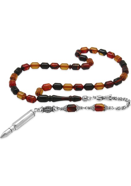 Kararmaz Metal Arnavut Püsküllü Uçlu Kapsül Kesim Bala Siyah Renk Ateş Kehribar Tesbih