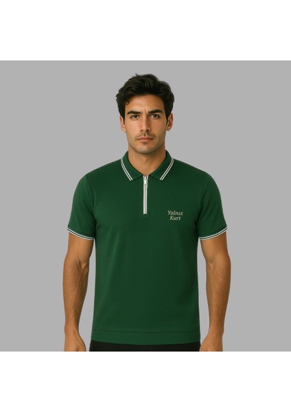 Kişiye Özel Nakışlı Kısa Kollu Ribana Yaka Likralı Premium Yeşil Tişört L fiyatları