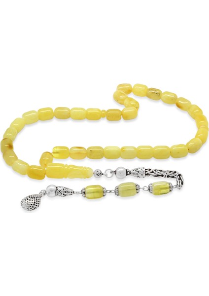 925 Ayar Gümüş Kral Püsküllü Kapsül Kesim Beyaz Sarı Renk Patinli Doğal Damla Kehribar Tesbih