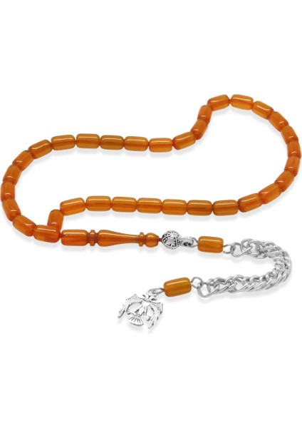 Ateş Kehribar Tesbih - Kararmaz Metal Püsküllü - Mini Boy - Gün Batımı - Kapsül Kesim