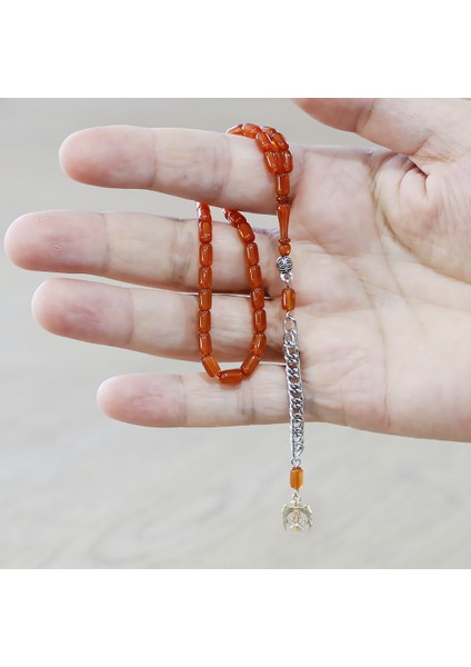 Ateş Kehribar Tesbih - Kararmaz Metal Püsküllü - Mini Boy - Gün Batımı - Kapsül Kesim modelleri