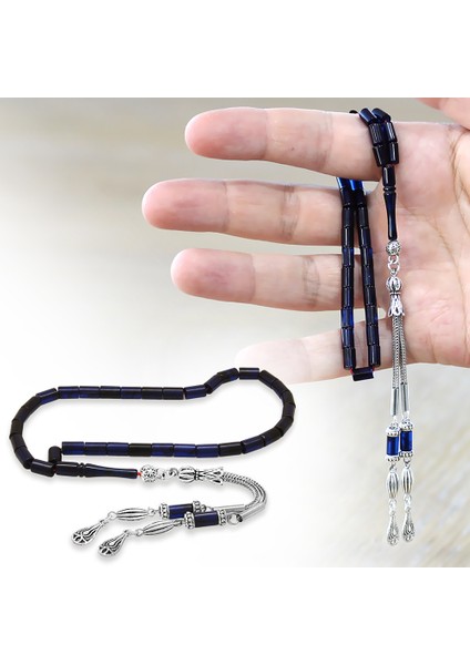 Sıkma Kehribar Tesbih - Kararmaz Metal Damla Püsküllü - Mavi Siyah - Mini Boy - Kesme Kesim fiyatları