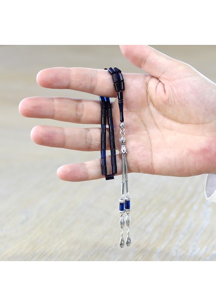 Sıkma Kehribar Tesbih - Kararmaz Metal Damla Püsküllü - Mavi Siyah - Mini Boy - Kesme Kesim modelleri