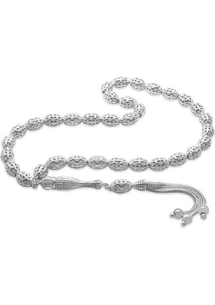 3 Lü Kamçı Top Püsküllü Kafes Tasarım Arpa Kesim Gümüş Renk 925 Ayar Gümüş Tesbih