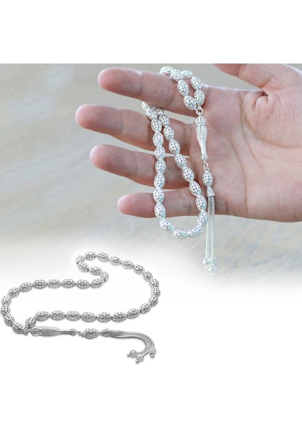 3 Lü Kamçı Top Püsküllü Kafes Tasarım Arpa Kesim Gümüş Renk 925 Ayar Gümüş Tesbih fiyatları