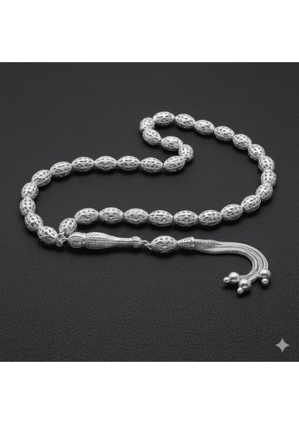 3 Lü Kamçı Top Püsküllü Kafes Tasarım Arpa Kesim Gümüş Renk 925 Ayar Gümüş Tesbih modelleri