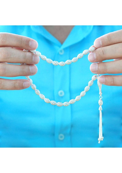 3 Lü Kamçı Top Püsküllü Kafes Tasarım Arpa Kesim Gümüş Renk 925 Ayar Gümüş Tesbih indirimleri